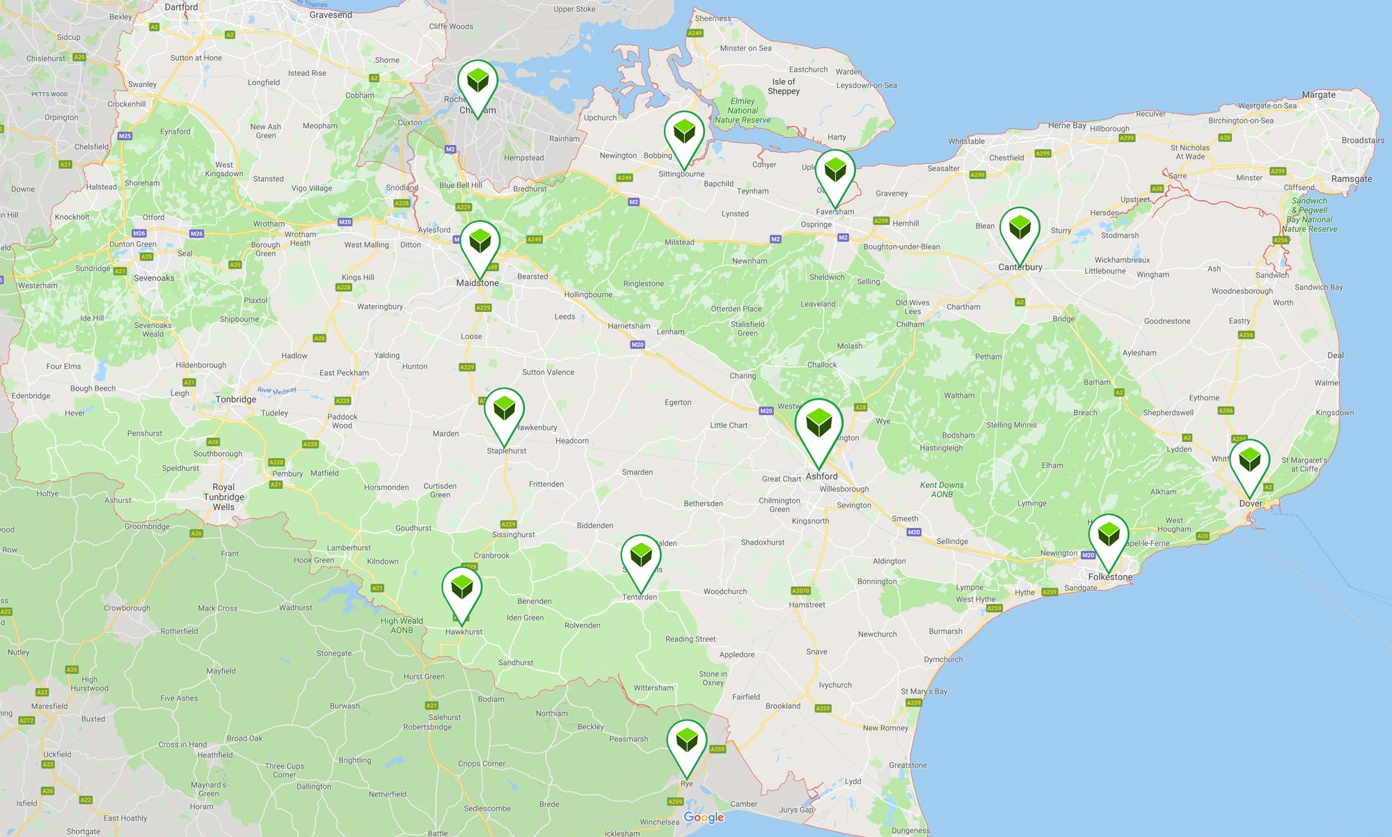 GBox Kent Locations Map - Based in Ashford, servicing Kent and the surrounding districts